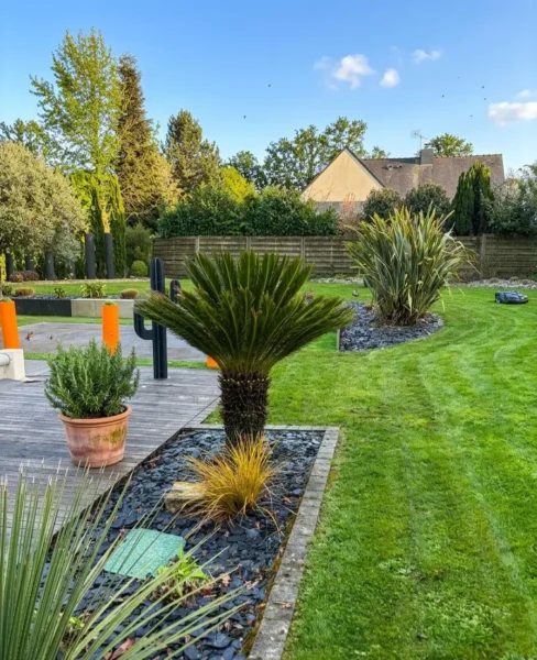 Découpe nette de la bordure de pelouse le long d'une terrasse en bois naturel et d'un massif en éclats d'ardoise.